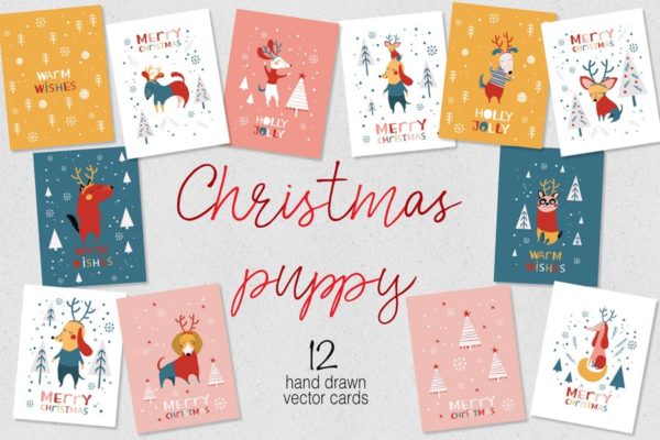 圣诞小狗手绘图案贺卡制作设计模板 Christmas Puppy Cards
