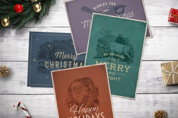 4款复古设计风格圣诞贺卡制作设计模板v2 4 Vintage Christmas Cards vol. 2