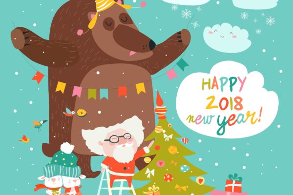 圣诞老人与熊圣诞贺卡制作矢量设计模板 Vector Christmas card with santa claus and bear