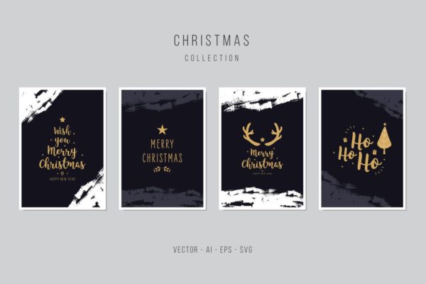 鹿角&圣诞树手绘图案圣诞节贺卡制作矢量设计模板集v2 Christmas Greeting Card Set Vector