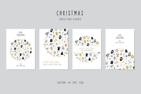 创意圣诞节元素图案组合圆形圣诞节矢量贺卡制作设计模板 Christmas Greeting Vector Card Set