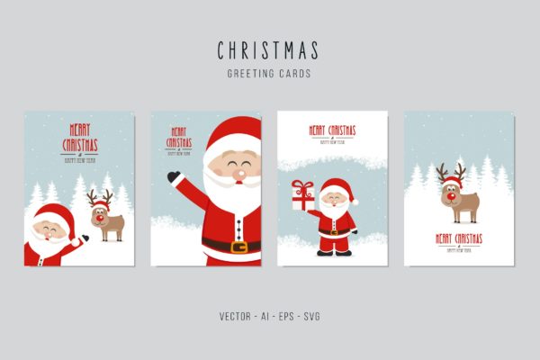 圣诞老人&驯鹿矢量圣诞节贺卡制作设计模板 Christmas Santa Claus and Reindeer Vector Card Set