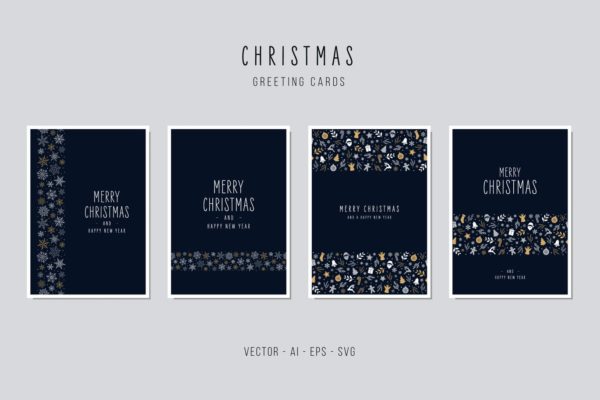 午夜蓝圣诞节装饰元素背景贺卡制作设计模板 Christmas Greeting Vector Card Set