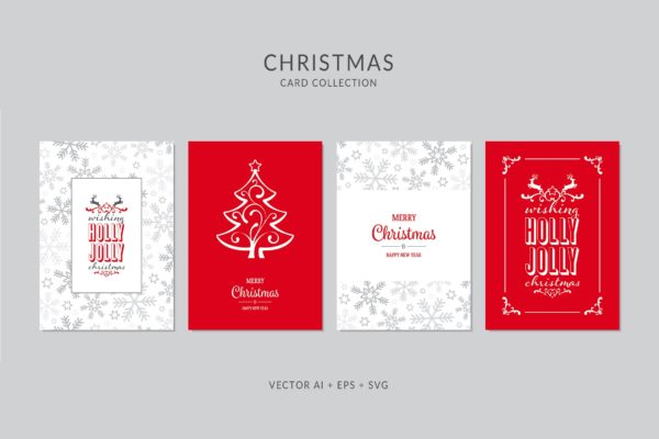 大红色和雪花背景圣诞节贺卡制作矢量设计模板 Christmas Greeting Card Vector Set