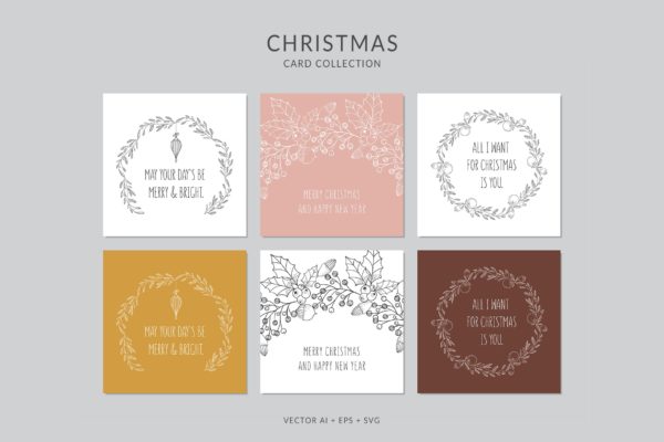 手绘圣诞装饰花环元素圣诞节贺卡制作设计模板v2 Christmas Greeting Card Vector Set