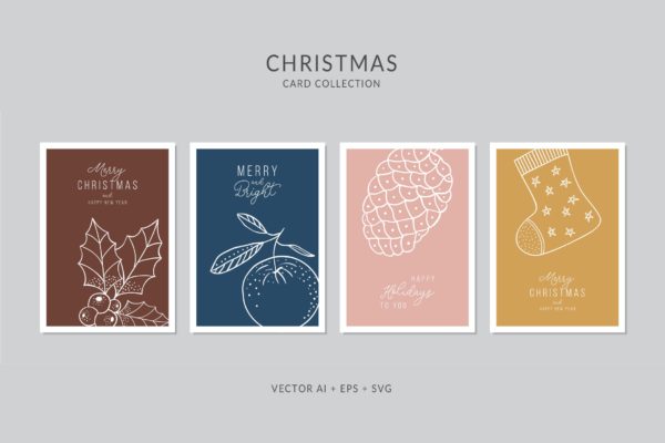 简笔画线条图案圣诞节矢量贺卡制作设计模板 Christmas Greeting Card Vector Set