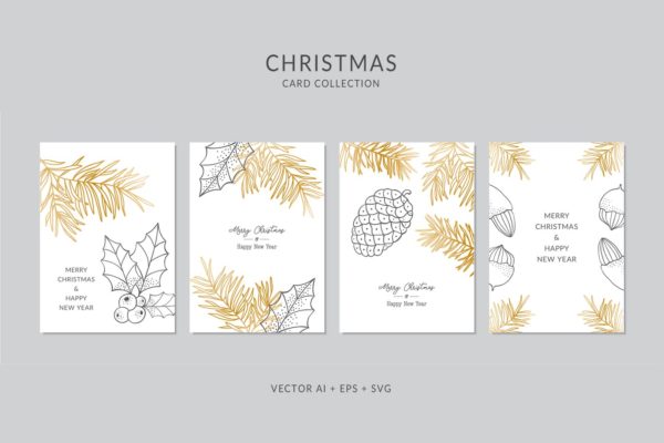 圣诞节元素线条手绘图案圣诞节贺卡制作模板 Christmas Greeting Card Vector Set