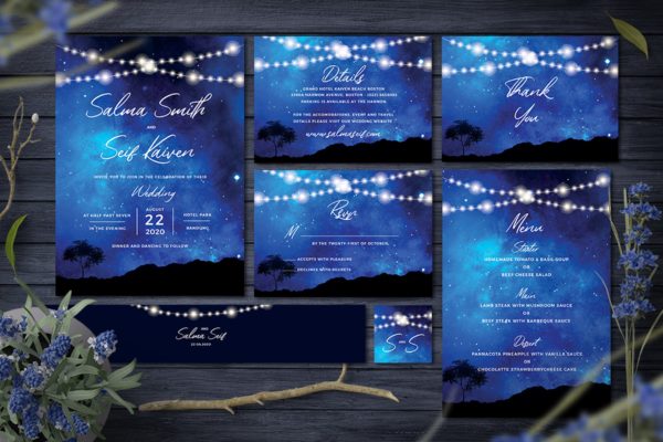 水彩星空背景设计风格婚礼邀请函制作设计模板 Night Wedding Invitation
