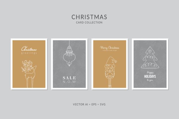 简笔画艺术风格圣诞节贺卡制作矢量设计模板集v3 Christmas Greeting Card Vector Set