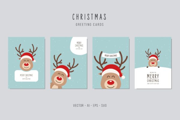 可爱卡通驯鹿圣诞节贺卡制作矢量设计模板 Christmas Reindeer Greeting Vector Card Set