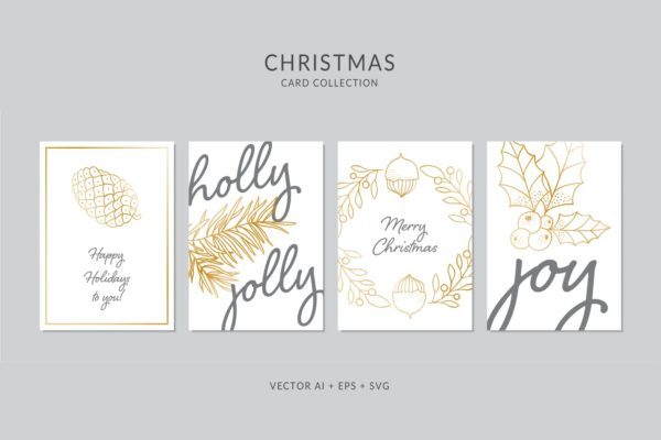 简笔画圣诞节植物手绘圣诞节贺卡制作设计模板 Christmas Greeting Card Vector Set