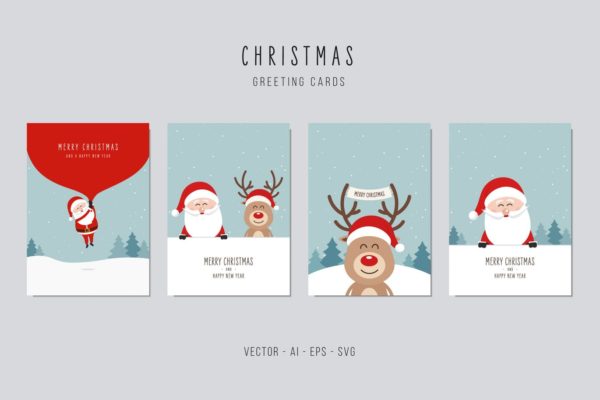 圣诞老人&驯鹿矢量圣诞节贺卡制作设计模板v2 Christmas Santa Claus and Reindeer Vector Card Set