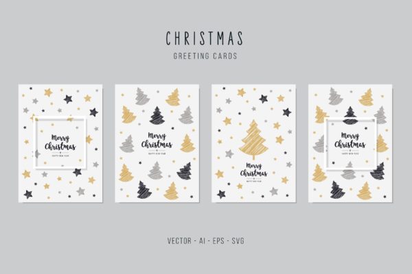 星星&圣诞树图案背景圣诞节矢量贺卡制作设计模板 Christmas Greeting Vector Card Set