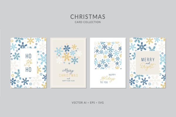 彩色雪花图案背景圣诞节贺卡制作矢量设计模板 Christmas Greeting Card Vector Set