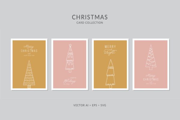 简笔画圣诞树手绘图案圣诞节贺卡制作设计模板 Christmas Greeting Card Vector Set