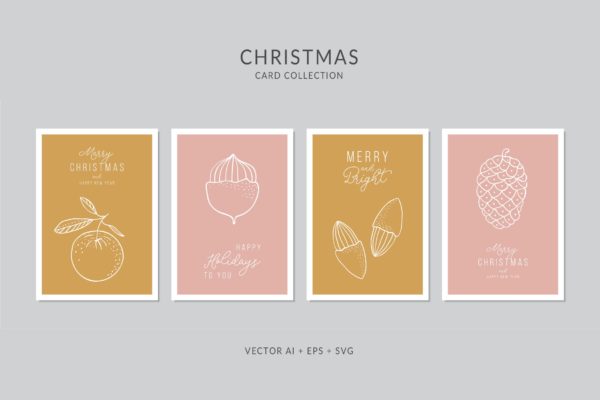 圣诞果实简笔画手绘图案圣诞节贺卡制作模板 Christmas Greeting Card Vector Set