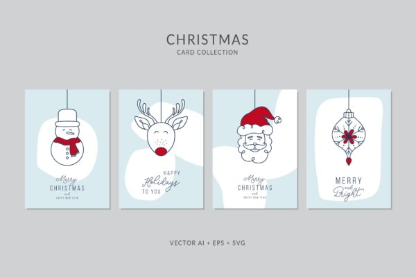 简笔画艺术风格圣诞节贺卡制作矢量设计模板集v8 Christmas Greeting Card Vector Set