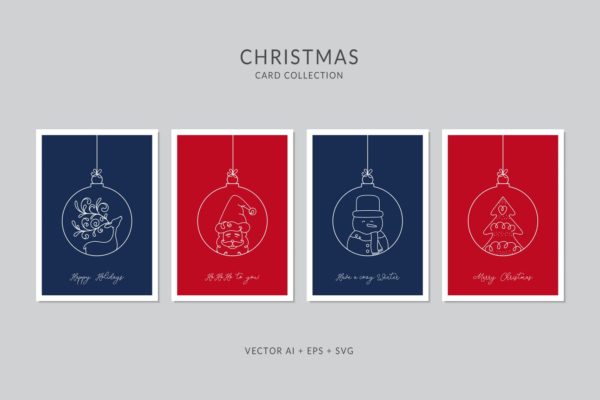 简笔画艺术风格圣诞节贺卡制作矢量设计模板集v9 Christmas Greeting Card Vector Set
