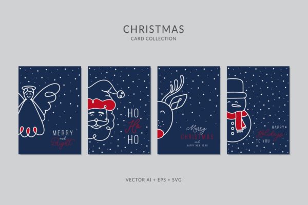 简笔画艺术风格圣诞节贺卡制作矢量设计模板集v7 Christmas Greeting Card Vector Set