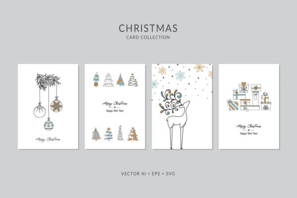 圣诞礼物手绘图案圣诞节贺卡制作矢量设计模板集v3 Christmas Greeting Card Vector Set