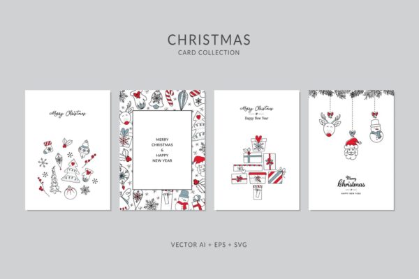 圣诞礼物手绘图案圣诞节贺卡制作矢量设计模板集v4 Christmas Greeting Card Vector Set