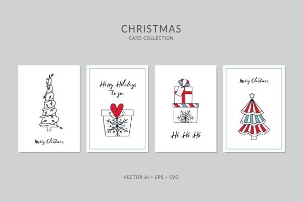 创意圣诞树手绘图案圣诞节贺卡制作矢量设计模板集v3 Christmas Greeting Card Vector Set