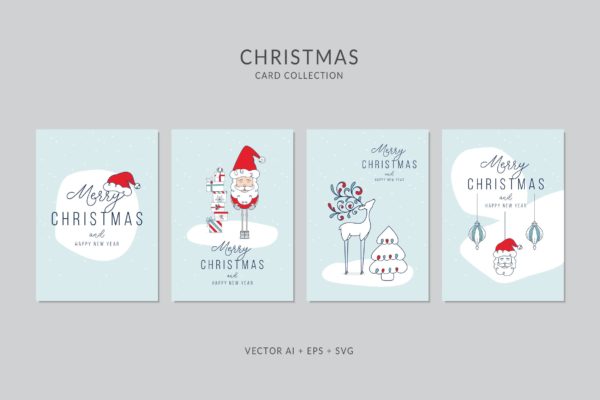 圣诞老人卡通手绘圣诞节贺卡制作矢量设计模板集v2 Christmas Greeting Card Vector Set