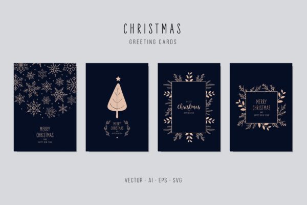 雪花&植物手绘图案圣诞节贺卡制作矢量设计模板集v1 Christmas Greeting Vector Card Set
