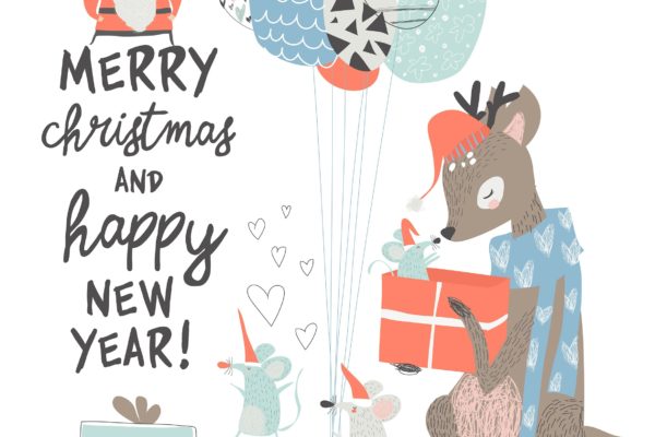可爱卡通老鼠&驯鹿绘图案圣诞节贺卡制作设计模板v1 Vector Greeting Christmas card with cute deer and