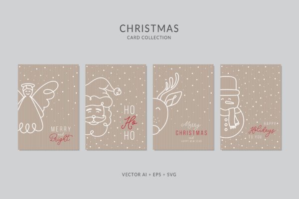 简笔画艺术风格圣诞节贺卡制作矢量设计模板集v5 Christmas Greeting Card Vector Set