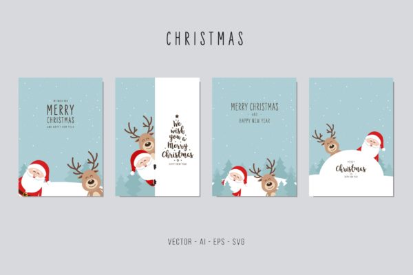 圣诞老人/驯鹿矢量圣诞节贺卡制作设计模板v1 Christmas Santa Claus and Reindeer Vector Card Set