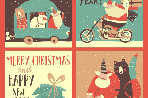 圣诞老人送礼场景手绘圣诞节贺卡制作设计模板 Vector Set of Christmas cards with Santa s transpo