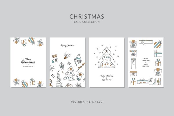 圣诞树&礼物手绘图案圣诞节贺卡制作矢量设计模板集 Christmas Greeting Card Vector Set