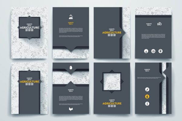 以农业为主题的涂鸦背景杂志画册设计模板 Set of agriculture brochures