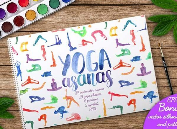 水彩风格的瑜伽相关矢量元素图打包文件[EPS]