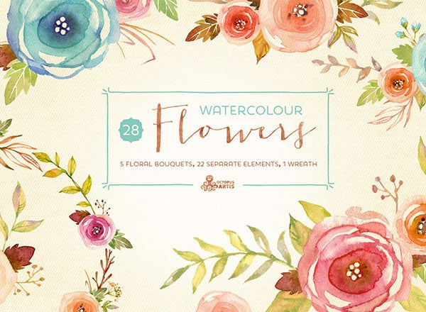 水彩花卉元素剪贴画素材精选包 Watercolor Flowers Pack