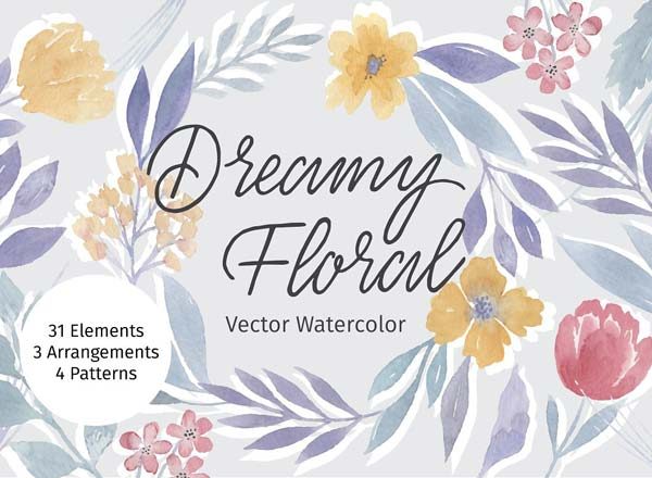 美丽的水彩感觉的花卉矢量图形包文件[AI]