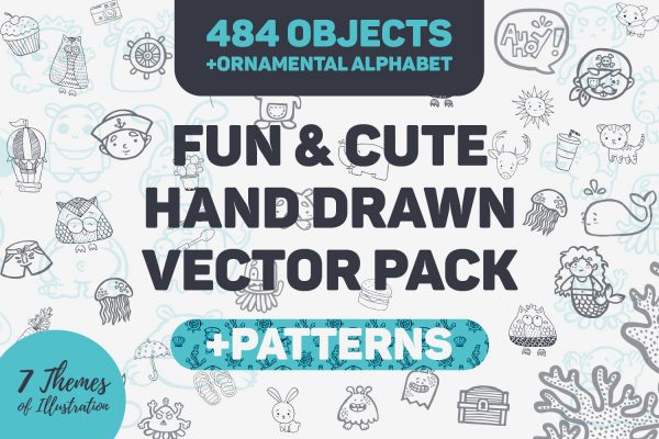 484个有趣可爱的手绘矢量图集文件 Fun Cute Handdrawn Vector Pack [ai,eps,pat]