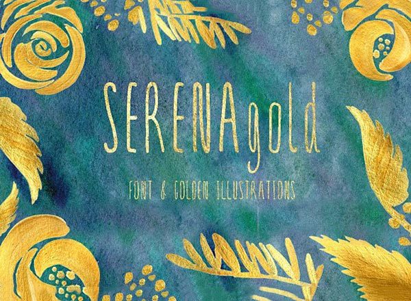 一款独特手写字体及手绘黄金花元素 SERENA gold. Font & golden flowers