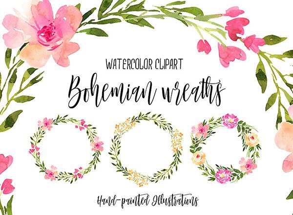 免费水彩花卉花环 Free Watercolor Bohemian Wreaths