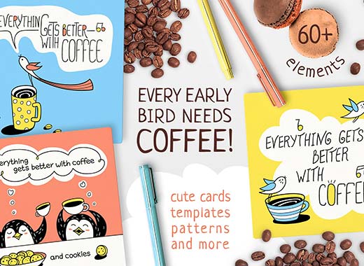 EVERY EARLY BIRD NEEDS COFFEE-手绘卡通咖啡插图素材精选文件[eps,png]