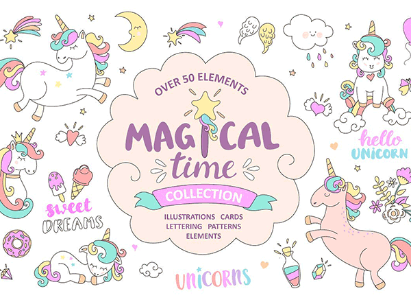 可爱的手绘风格卡通插画 Magical time. Unicorns.