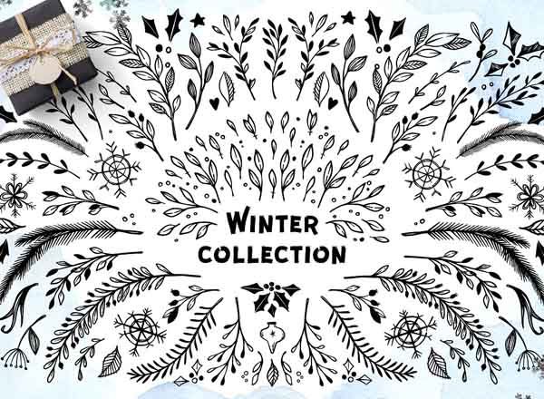 手绘冬日树木圣诞节素材精选打包文件[png,jpg]