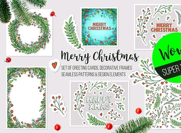 手绘清新矢量圣诞新年元素