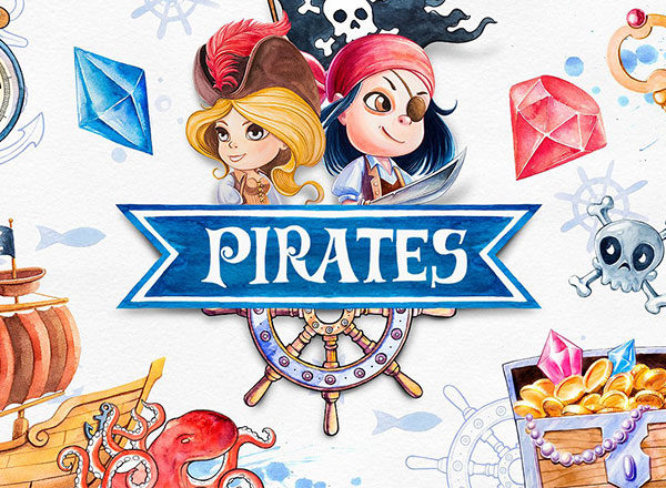 25个手绘水彩风格的卡通海盗插画