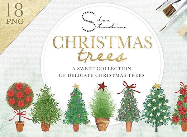 18个水彩圣诞树的甜美小汇总