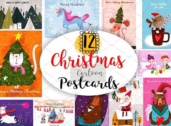 12张可爱手绘圣诞节明信片