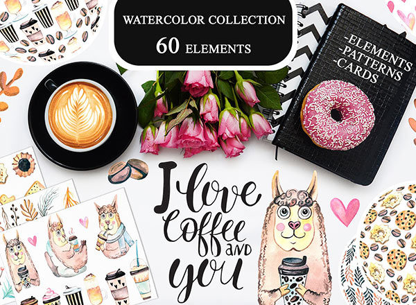 手绘水彩风格的可爱咖啡图案背景大汇总[情人节,玫瑰]