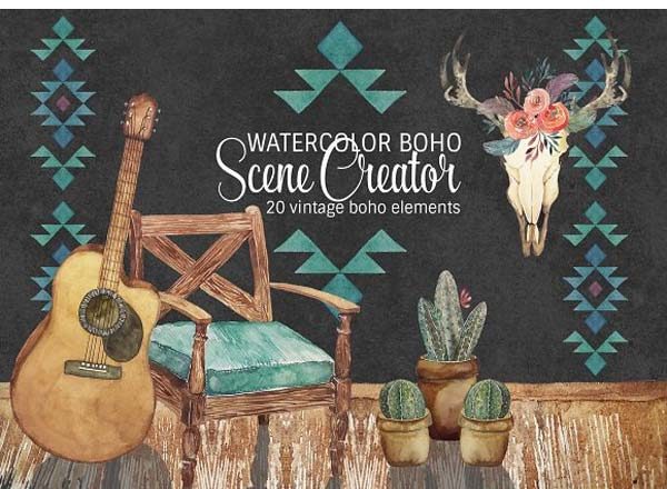 特色怀旧复古时尚水彩Boho场景素材精选包文件