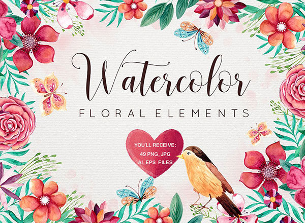 优雅的手绘春天夏天水彩花朵植物元素大汇总